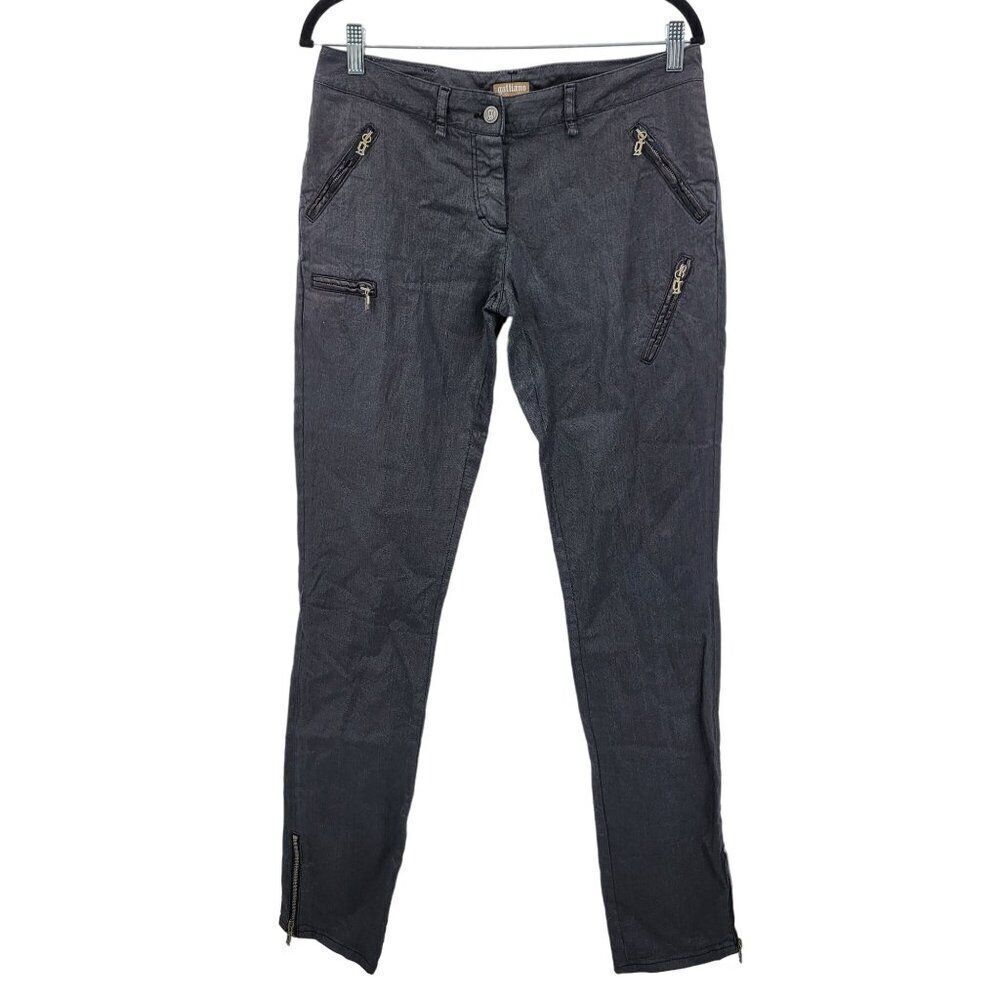 Galliano Black Waxed Moto Jeans 32 Ankle Zip Pockets‎ Military Trenchcore Italy
